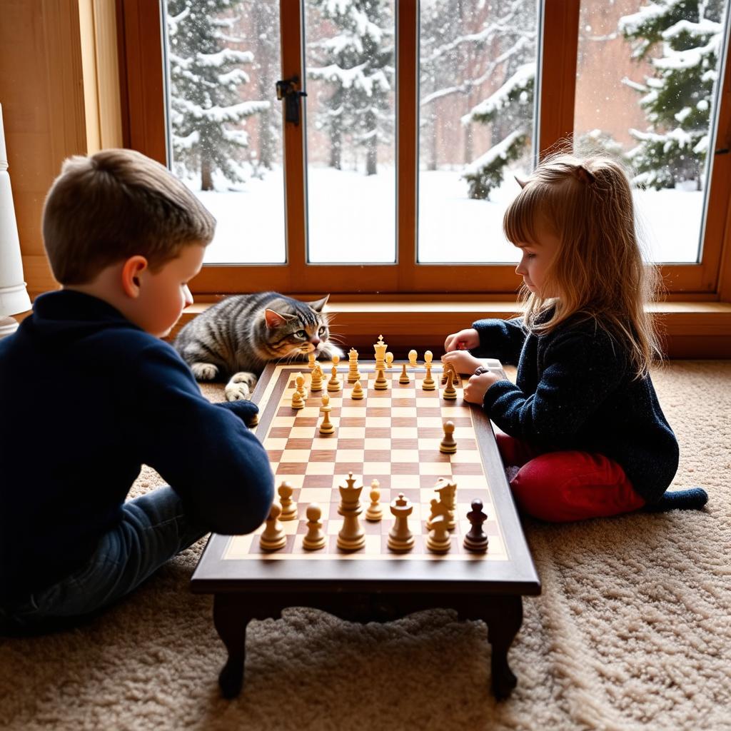  a boy and a girl are playing chess on the carpet, there is a large window nearby, it is snowing outside, a gray fat cat is lying on the carpet {prompt}, maximum details