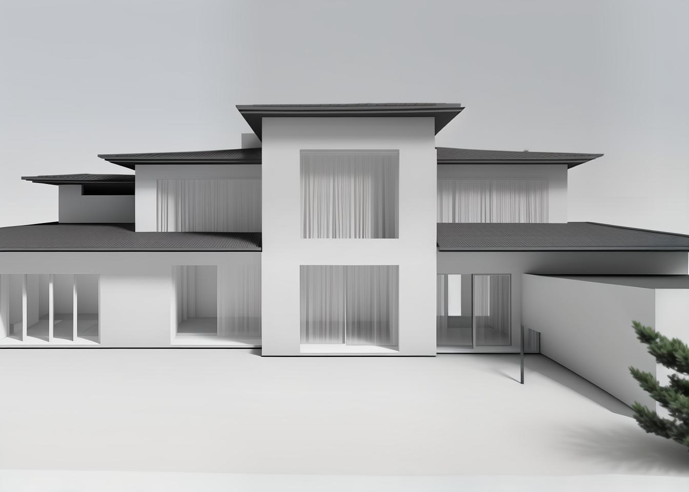  generate a 3d architectural forms of the original house in an axonometric view. the model should appear abstract, minimal, and in grayscale, focusing on the overall form and volume of the design with simplified shapes. the perspective should give a sense of scale reduction, similar to an architectural concept model, without any color or texture details.