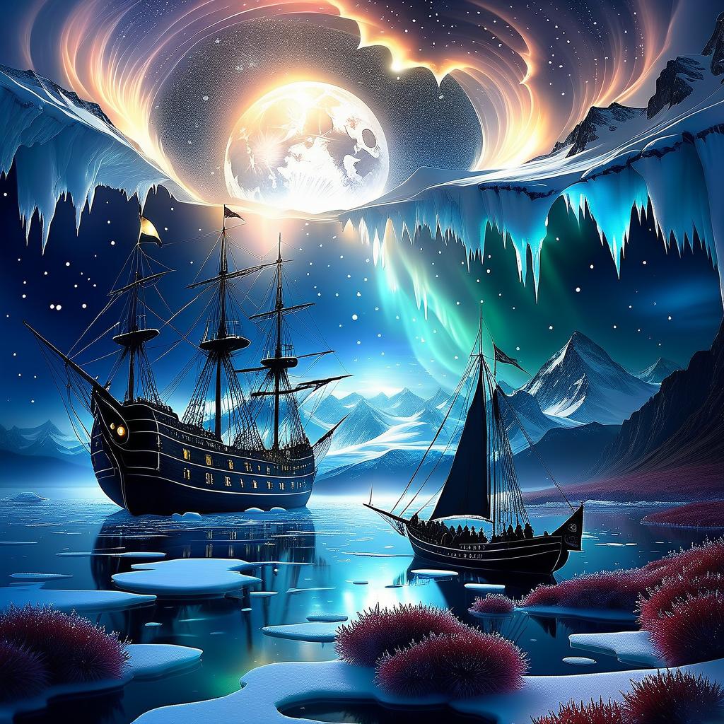  dreamscape we're sailing on an ice floe, like a brigantine on the grey, rugged the seas and all through the night star bears shining their light ♪ to ships far away ♪ . surreal, ethereal, dreamy, mysterious, fantasy, highly detailed