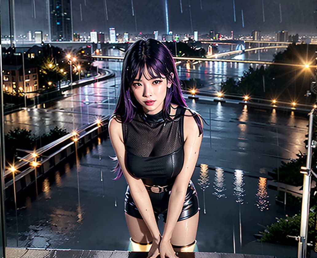  looking away,cute girl dutch angle,open mouth,grin,fully undressed,ity,, break long purple hair,blunt bangs, break your arms, your legs, (jump off from the roof of a tower block:1.3), break from behind break (on the bridge:1.5),(heavy rain,raining,pouring rain:1.5),( puddles, water ripples:1.2),(outdoor,in street:1.3),(cloudy),(in front of the shop:1.4), the top of the hill,(overlooking the cityscape:1.5),(scenery:1.5),(looking down on the city from the roof of a tower block:1.3), orange sky, sunlight,sunrise,blue lights hyperrealistic, full body, detailed clothing, highly detailed, cinematic lighting, stunningly beautiful, intricate, sharp focus, f/1. 8, 85mm, (centered image composition), (professionally color graded), ((bright soft diffused light)), volumetric fog, trending on instagram, trending on tumblr, HDR 4K, 8K