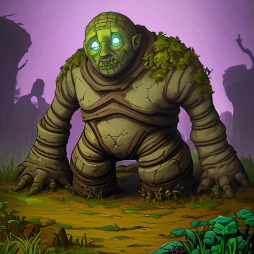  a golem stuck up to the neck in the ground and overgrown with plants, arcane style, borderlands style, telltale games style, oil painting, simple colors, low detail, vivid colors, defined lines, defined edges, digital art, cartoon look, cartoon style, sharp shadows, dark