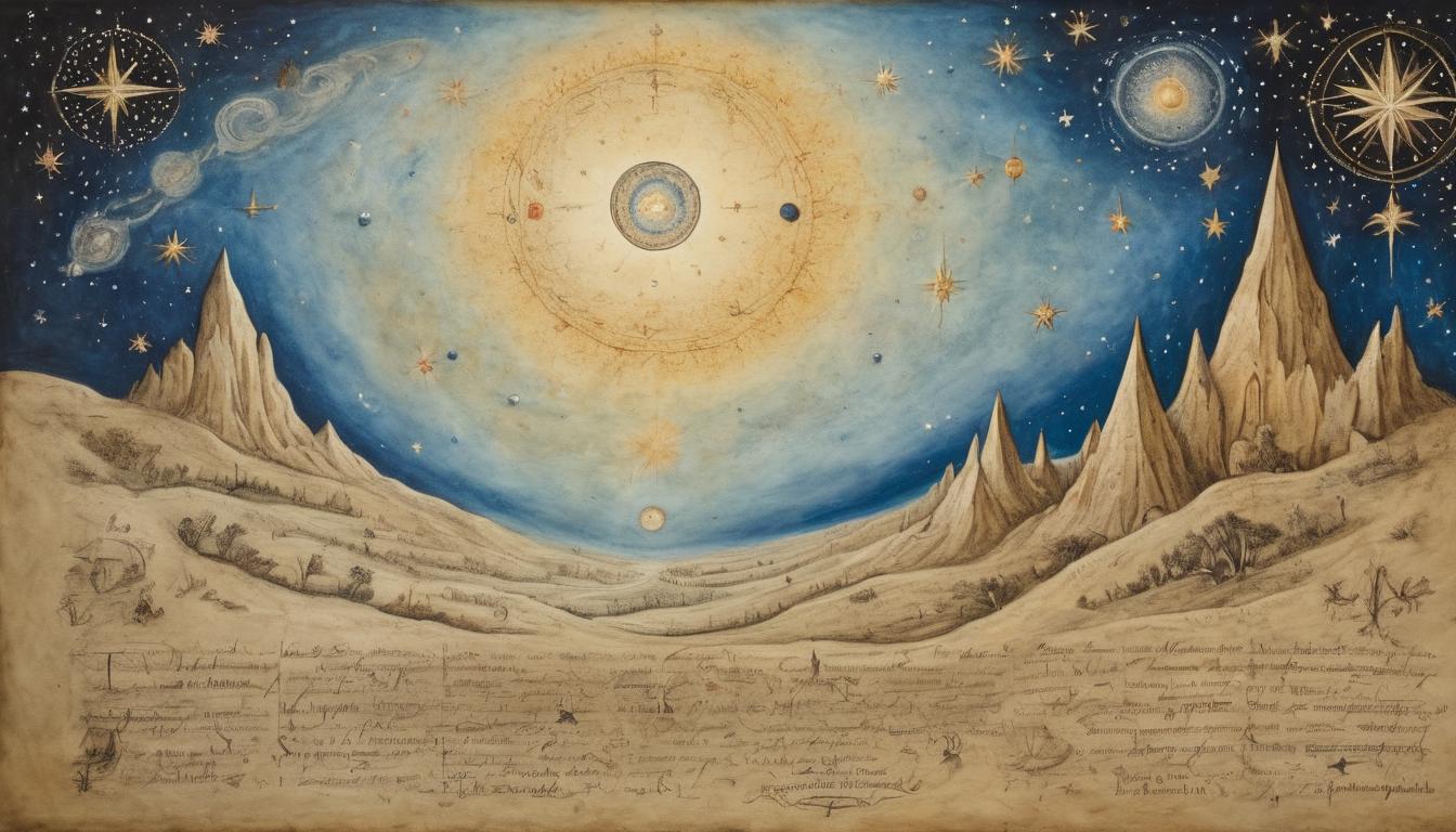  on parchment, surrealism++, galactic expanse, stars forming new constellations, cosmic transformation, spiritual landscape, evolving, vast, celestial(mysterious, provocative, symbolic)++