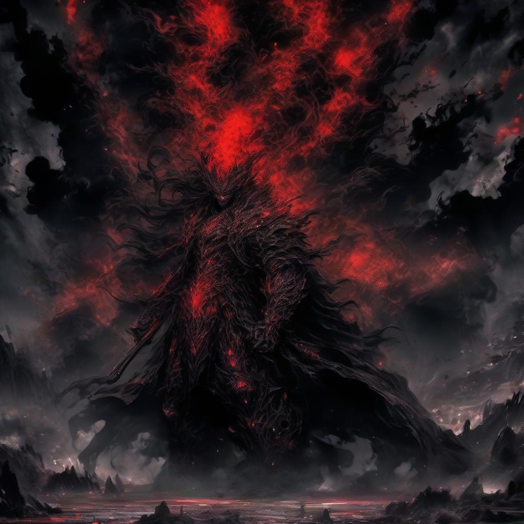  hdr photo of dark nature background, super scale rendered, by ryūsei kishida, black crown, epic lighting, big bad, red aura, dark artslabcoats, character is standing, very clean art, very clear image . high dynamic range, vivid, rich details, clear shadows and highlights, realistic, intense, enhanced contrast, highly detailed