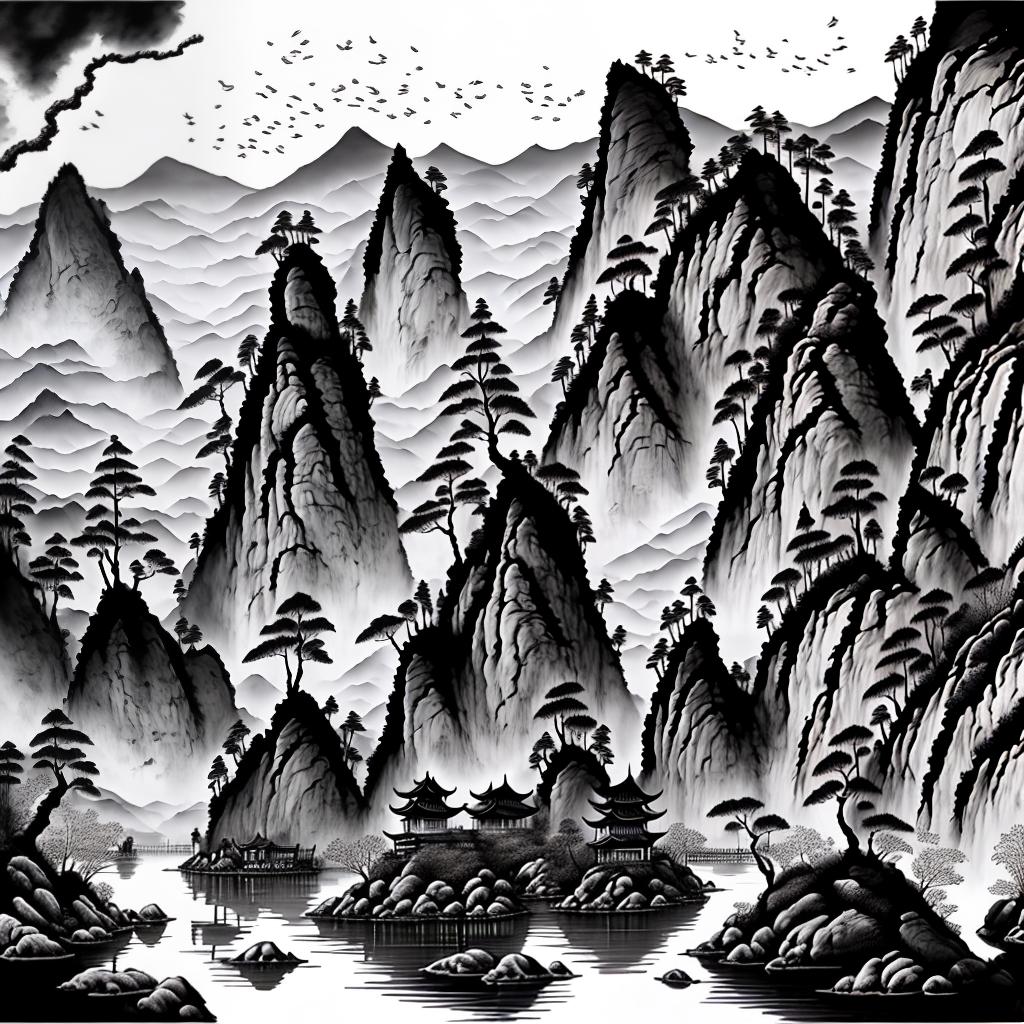 mdjrny-v4 style create a traditional chinese ink painting of a serene mountain landscape. the scene should include tall, mist covered mountains in the background, with a river winding through the valley below. on the riverbank, depict a small pagoda with curved eaves, surrounded by pine trees. add a few birds flying in the sky, and include subtle brush strokes to convey the flow of water and the texture of the rocks. the overall mood should be peaceful and reflective, with a limited color palette focusing on shades of black, gray, and subtle hints of ink wash