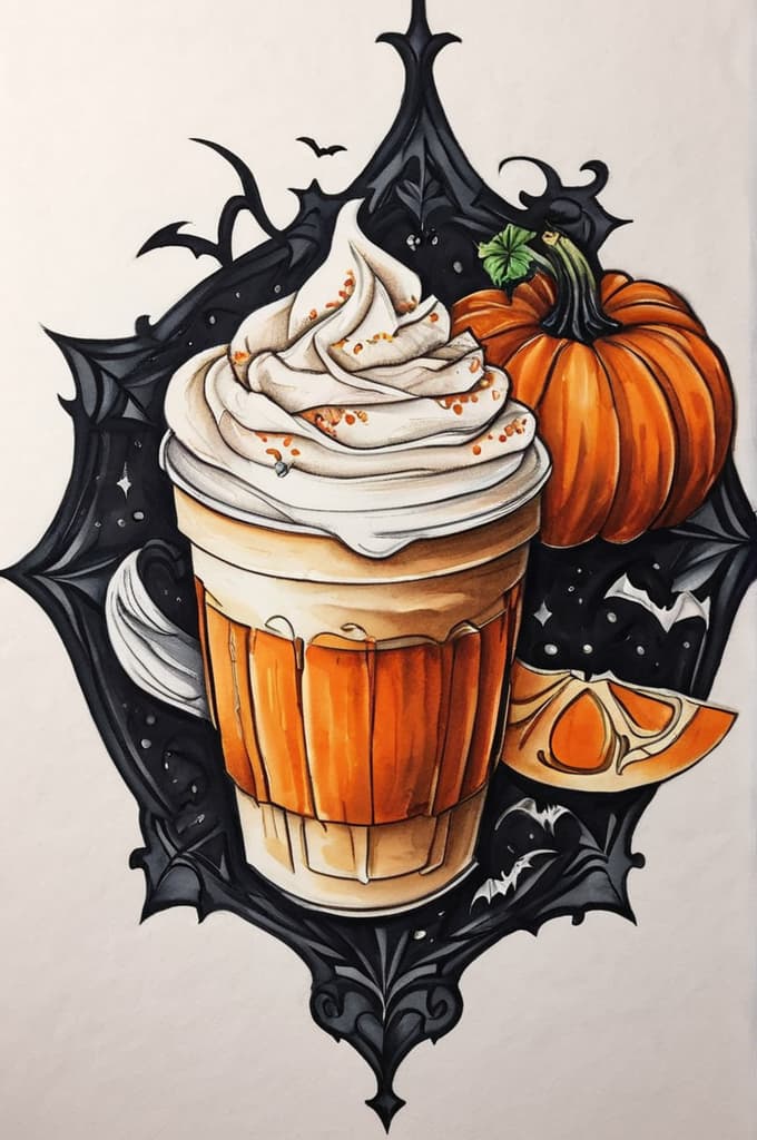  halloween pumpkin spice latte, (tattoo sketch:1.25), drawing