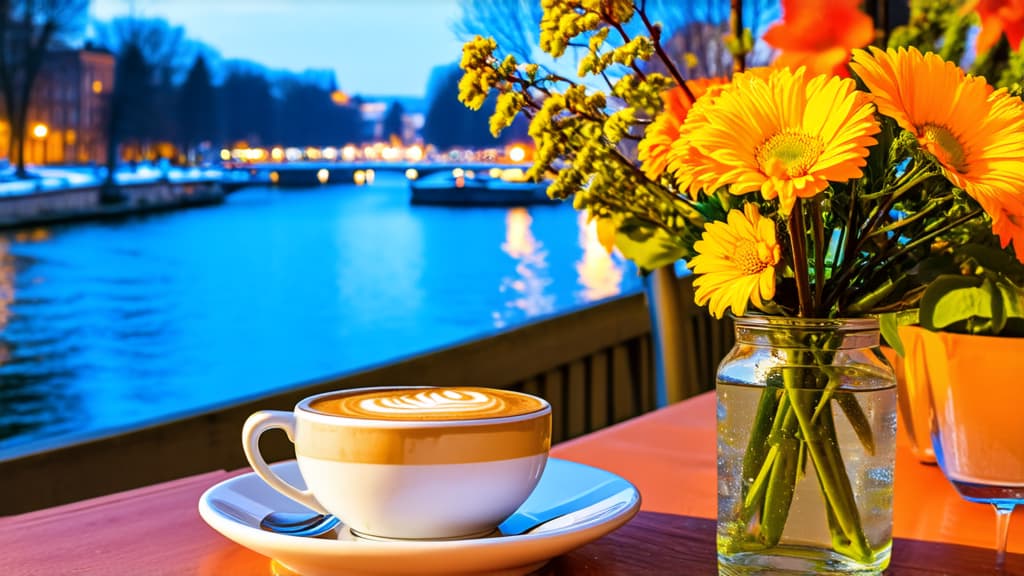  table with morning cappuccino and flowers, photography, romanticism, river full of lights, diner, early morning, winter setting, city cafe in park, amazingly composed shot, late fall, spring morning, rays of life, incredibly beautiful ar 16:9 {prompt}, maximum details