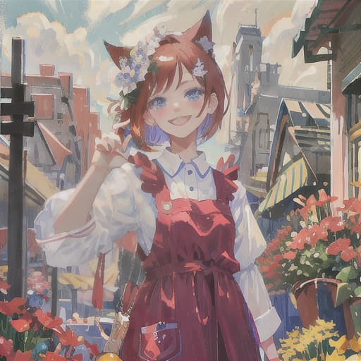  master piece , best quality,red hair short hair cat ears blue eyes girl cat's paw red apron smiling face flower garden