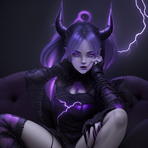  a girl that is sitting down in the dark, demon black blue purple, epic art style, pink lightning, infernal nymph!!!, scary angry pose, blue spiky hair, she is looking at us, creepy kawaii, pfp, she is attracting lightnings, nanite, anime boy, noire photo, #, satan daughter