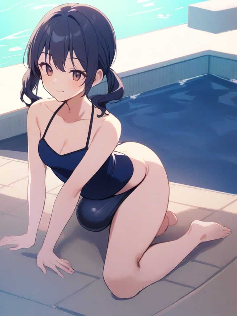  women's elementary students (male), twin tails, cute smiles, (rich s), low stature, dark blue swimwear, old swimwear, swimwear, simple (upward), male , (bulge), front, whole body, pool, pool. side,