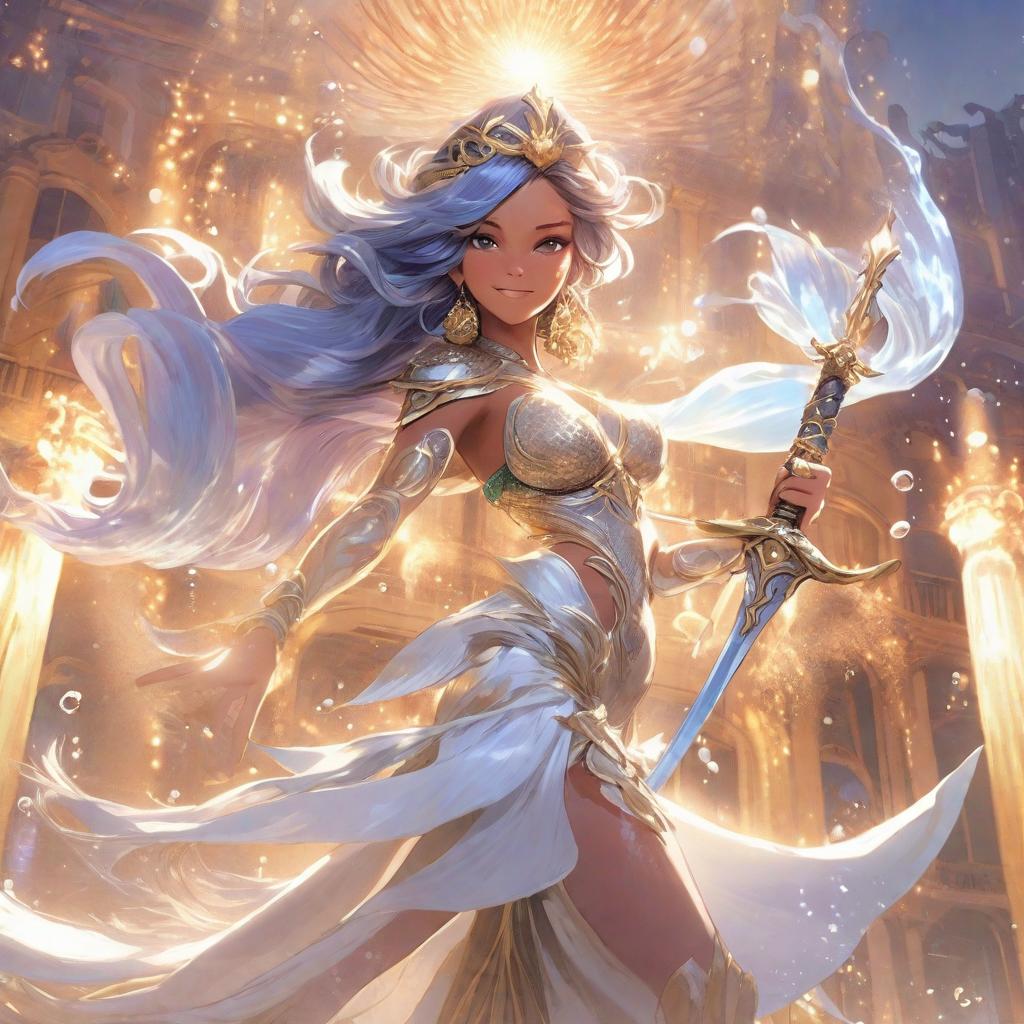  “please combine the water god funina in genshin impact and the auxiliary hero doria in honor of kings into one picture. in the picture, funina is dressed in gorgeous clothes, holding a one handed sword, standing in front of the dramatic stage background of the opikle opera house, showing her majesty and charm as the water god. doria appears beside her in the form of a mermaid. her light and flowing fish tail echoes the ocean elements, and the healing and buffing light released from her hands adds a touch of mystery and fantasy to the whole picture. the two characters complement each other and together form a beautiful picture that spans the game world.”