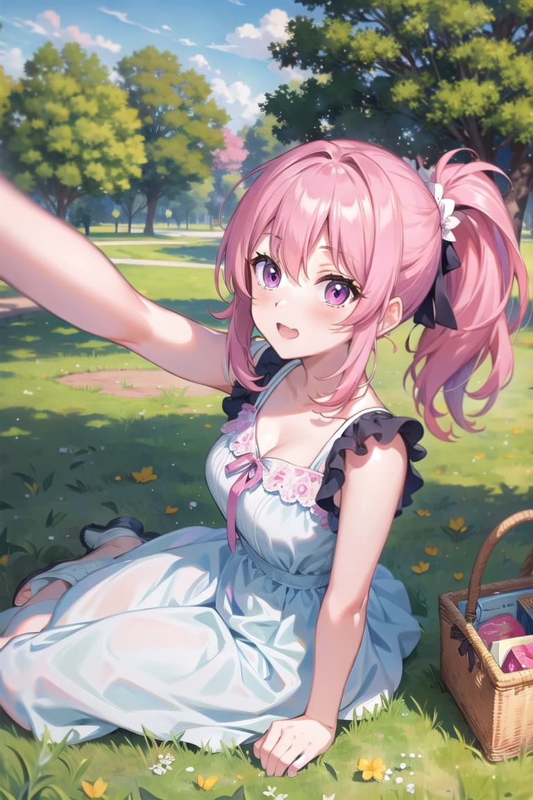  r 18, , middle , ,random situation, pink haired ,ponytail,large eyes,selfie in a park, picnic setup, sundress