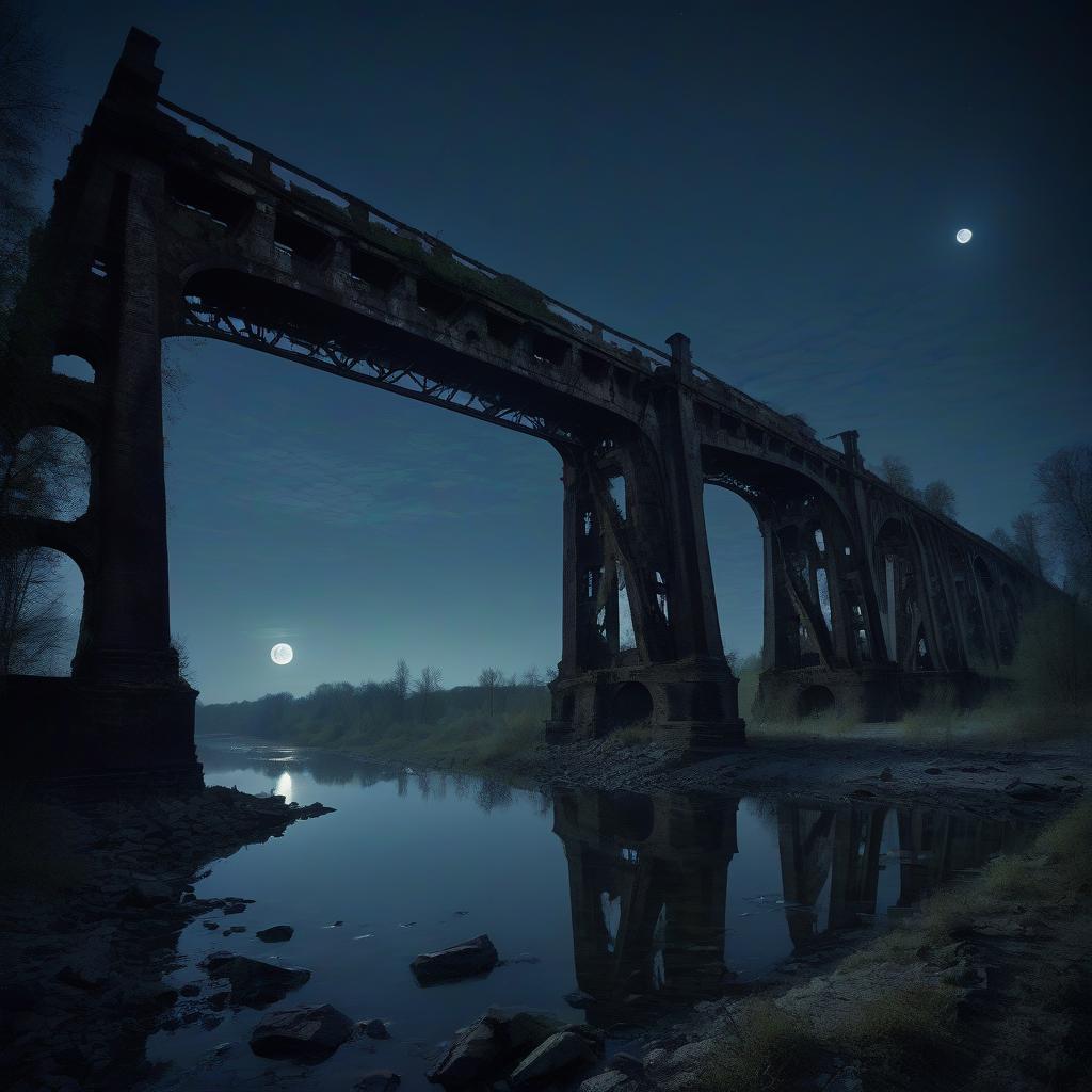  night. the ruins of an ancient iron railroad bridge illuminated by an eerie moonlight.