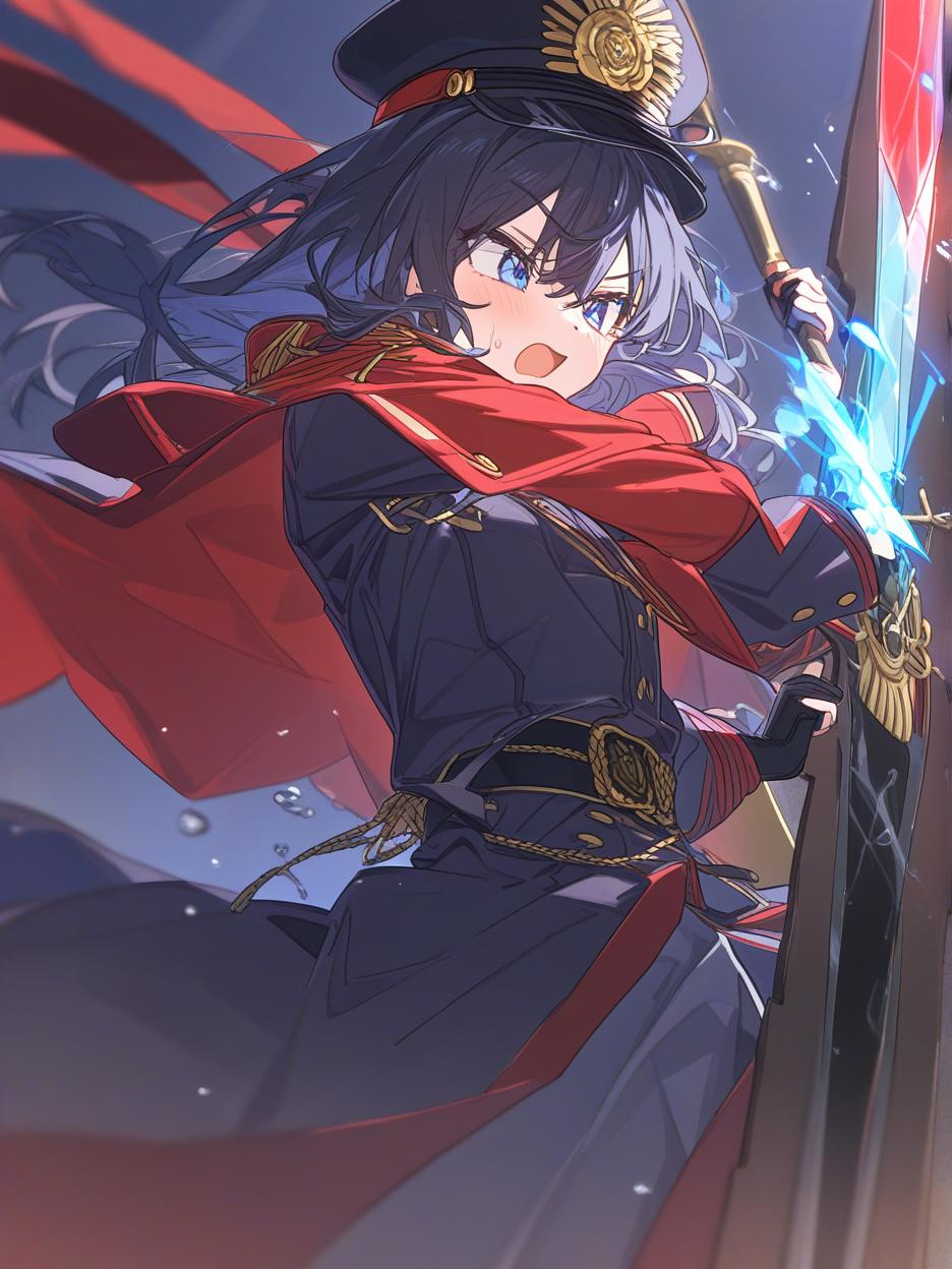  oda nobunaga from fate. her outfit that looks like a military uniform is something she prepared as a hobby when she was drafted as a servant. with a black hat with red details. gold details on his military outfit, red uniform. she has light blue eyes, silver and cyan blue hair, very long. menacing sword, larger and sharper sword. menacing expression, hunter's eyes. details, 8k. . best quality, high resolution