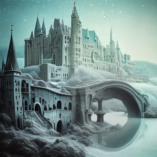 dvarchmodern arched bridge covered with snow and leading to a beautiful blue frozen lake. snow background. starry deep sky. thick snow. winter, white landscape, zentangle art, 3d, sharpness, excellent picture quality, crisp morning atmosphere, clear quality, epic scenery, in rainbow texture patchwork, acrylic art, imperial colors, digital painting, conceptual art, smooth, sharp focus fantasy intricate ethereal hyper detailed guido borelli da caluso hieronymus bosch nicoletta ceccoli remedios varo sherry akrami dee nickerson zdzislaw beksinski art