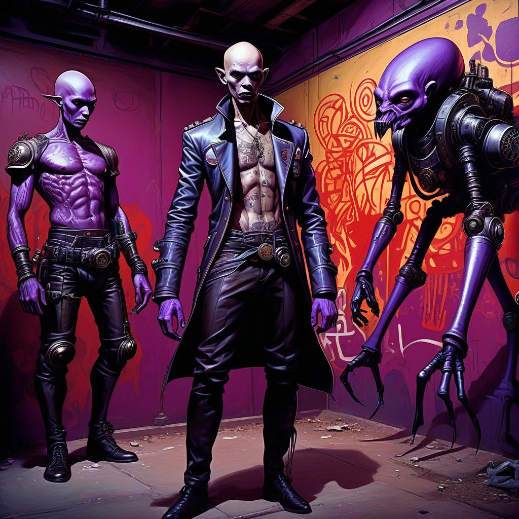  graffiti style a group of smugglers, a young alien of thai appearance, 20 year, with purple skin, small , elegant thin waist, long slender legs, black hair. a man with a , 40 year, small growth, bald, black. next to the droid and minotaur. full length image, steampunk, dieselpunk, paropunk, standing in a space tavern, against a background of red light. . street art, vint, urban, detailed, tag, mural