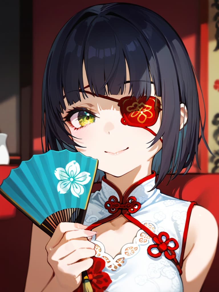  ultra detailed:1.2,masterpiece:1.2,best quality,masterpiece,bestquality,hdr:1.1,8k:1.1,very cute girl:1.3,(black hair,bob cut,long hair,blunt bangs:1.4),((white china dress,japonica pattern:1.5)),(chinaese makeup:1.6),((redrose object eyepatch:1.6))(seductive smile:1.3),(sitting couch:1.3)((cross legs:1.3)),(head rest:1.3),(holding open handfan:1.7)(upper body,face focus:1.4),(dutch angle:1.5),close mouth