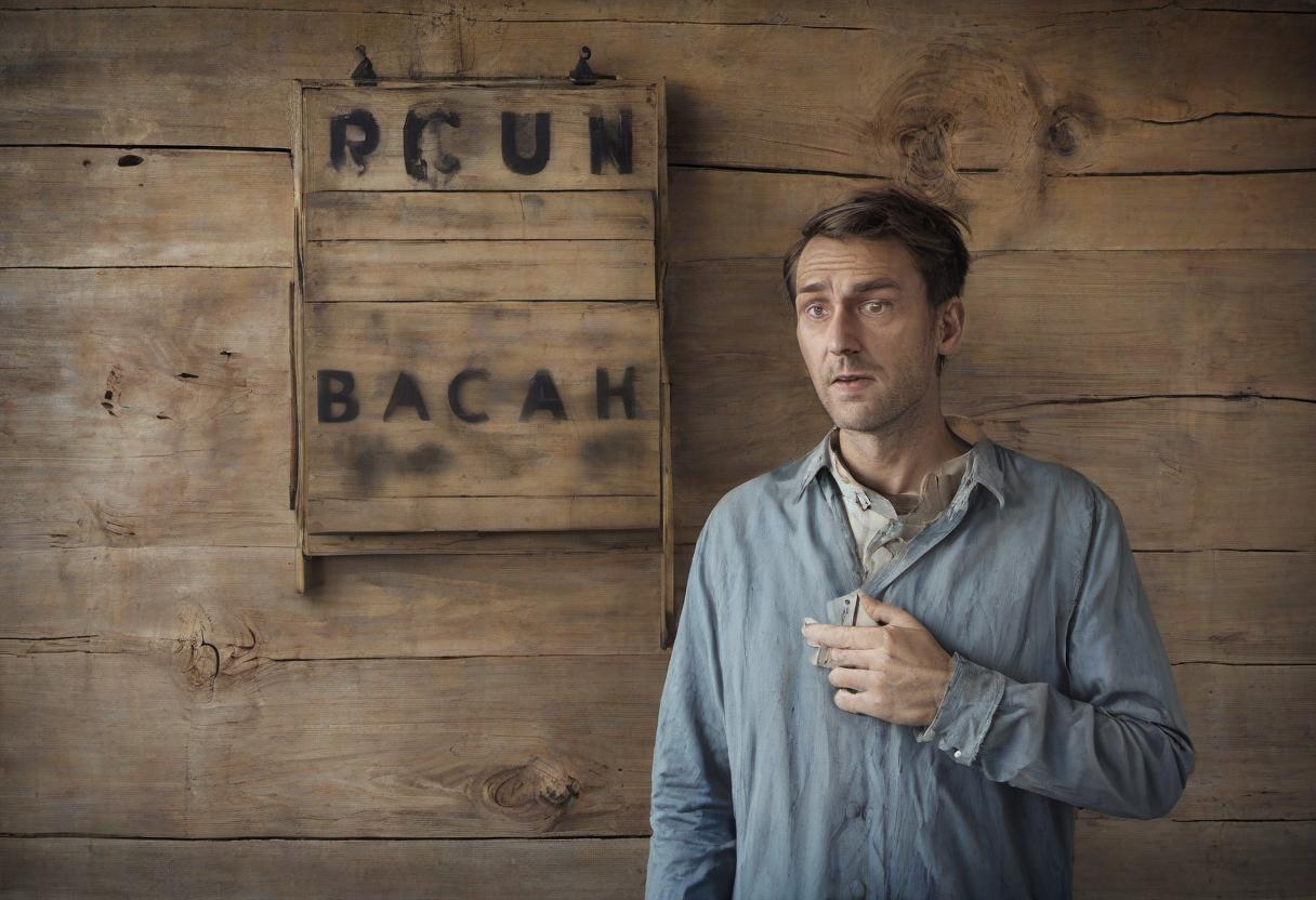  wooden rickety sign with 4 tablets. pointers without text. a man is looking at the sign. the man scratches the back of his head.