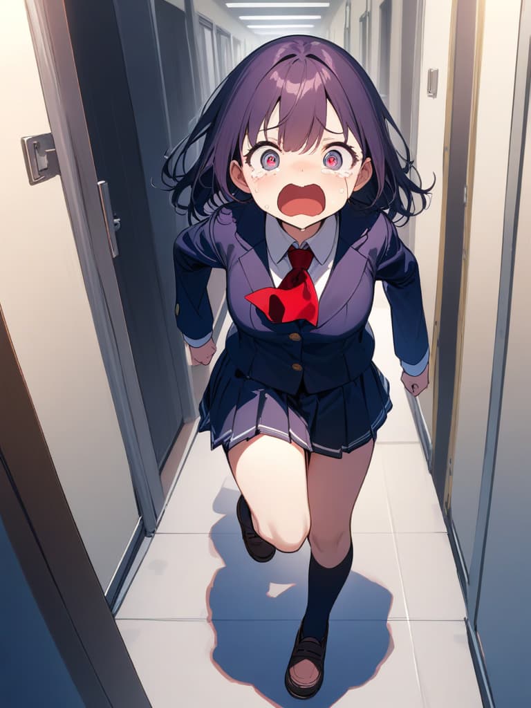  ultra detailed:1.2,masterpiece:1.2,best quality,masterpiece,bestquality,hdr:1.1,8k:1.1,very cute girl:1.3,(dark purple hair:1.3)(black school uniform,red ascot:1.4)((from front,full body:1.4))((running at school:1.6)),(scared,tears:1.3),(being chased by zombies:1.4)((school hallway:1.7))(from above:1.2)