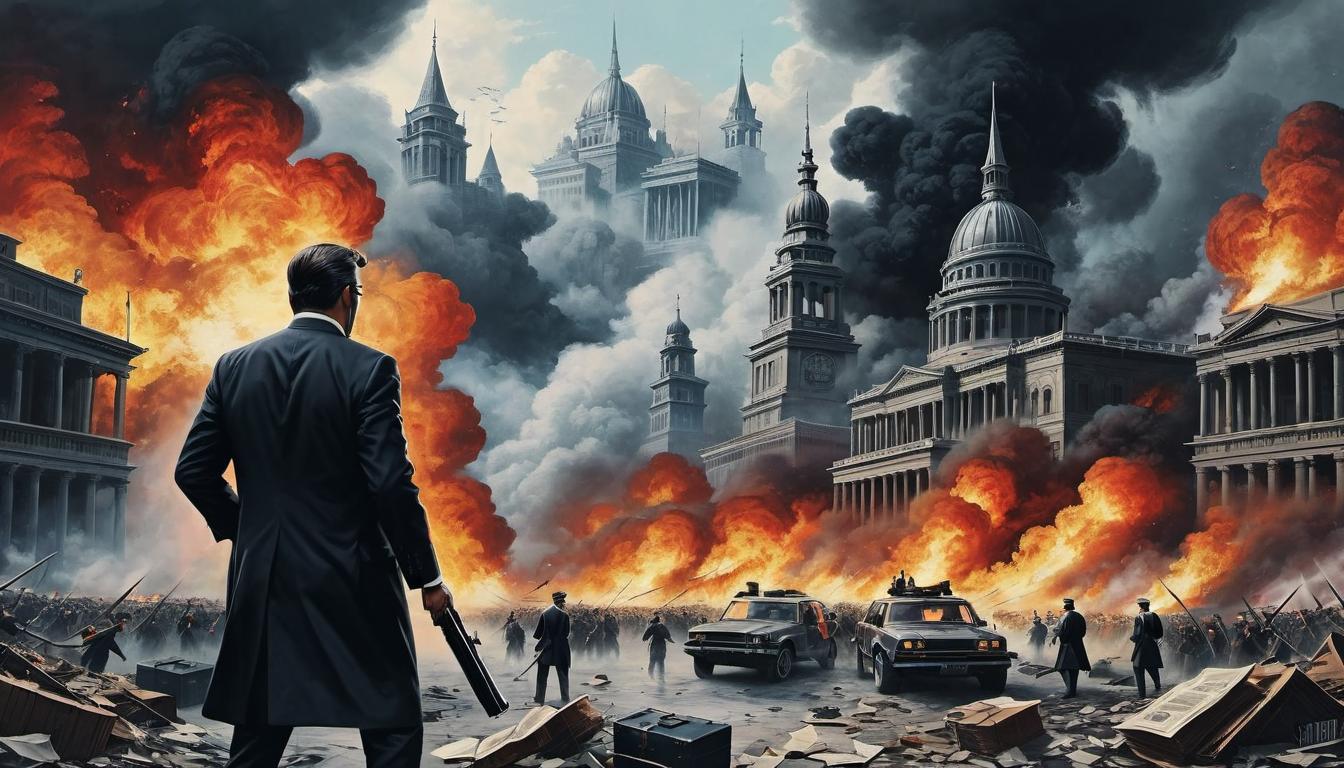  （surrealism)a chaotic battlefield, people dressed in business attire, scattered papers and briefcases, contrasting with a backdrop of rising smoke, sense of conflict, competition, corporate warfare mystic, intricate details, best quality)