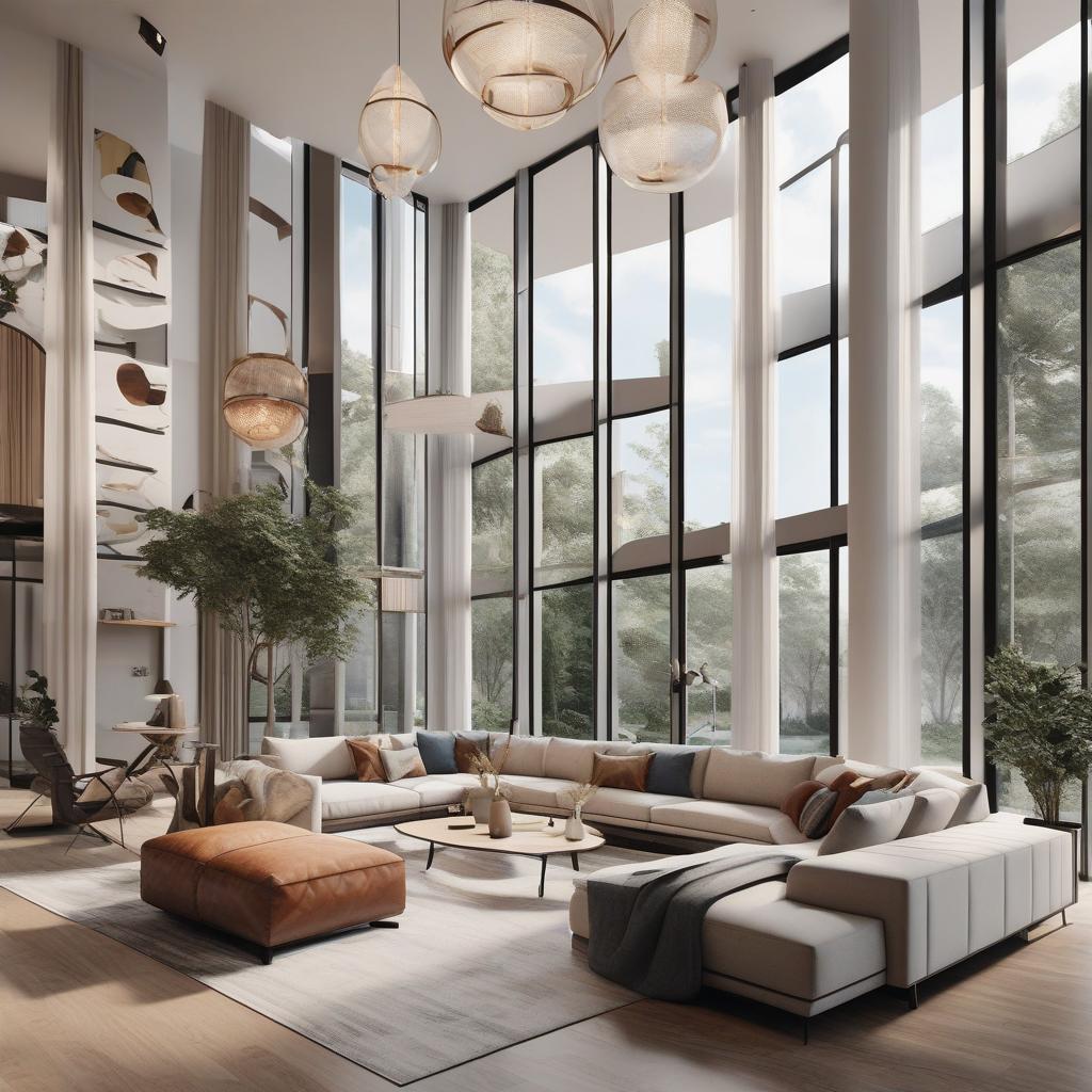  masterpiece, best quality, best quality, masterpiece, 8k resolution, high resolution apartment Living room concept art with floor-to-ceiling windows and modern furniture