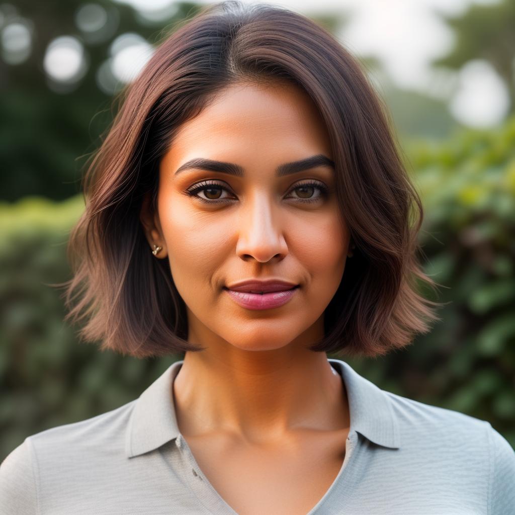  (((realistic full torso frontal head shot of a light brown to medium brown skin tone woman))), gita nisha sumanian, ((indian heritage)), immature face, hazel eye color, ((short hair style)), (( hair color)), (( body type)), small size, small size, (immature straight nose), (immature prominent cheekbones), (immature smooth jawline), (immature full lips), (immature broad forehead), (immature even eyebrows), (immature dimpled chin), standing straight looking directly into the camera,((wearing fitted polo shirt with deep v neck and monogrammed pocket)), backyard in background, 1girl, best quality, highest quality, award winning photo, masterpiece, raw, professional photography, photorealism, sharp focus, cinema hyperrealistic, full body, detailed clothing, highly detailed, cinematic lighting, stunningly beautiful, intricate, sharp focus, f/1. 8, 85mm, (centered image composition), (professionally color graded), ((bright soft diffused light)), volumetric fog, trending on instagram, trending on tumblr, HDR 4K, 8K