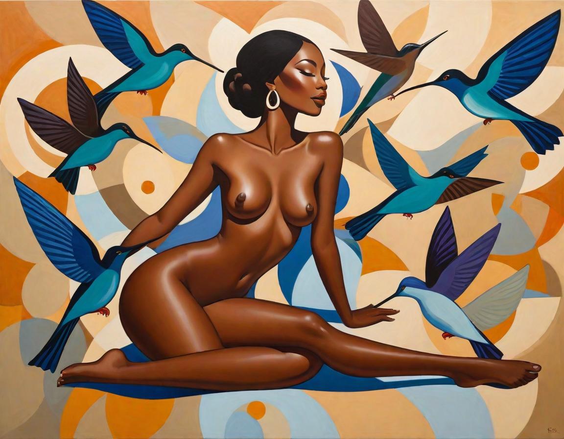  minimalism, painting of a beautiful black woman. she lays, surrounded by hummingbirds and trumpet flowers. naked. she has brown legs. she has brown feet. she is in a divine pose., abstract, simple geometic shapes, hard edges, sleek contours, minimalism