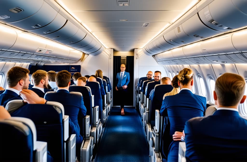  professional detailed photography, airplane cabin with passengers and flight attendants ar 3:2, (muted colors, dim colors, soothing tones), (vsco:0.3)