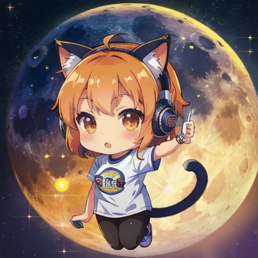  master piece , best quality,chibi chara one hand beer girl background moon viewing cat ears headphones t shirt cute singing