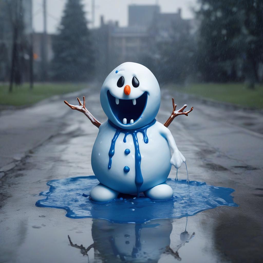  an evil snowman in a blue t shirt is melting, under it is already a large puddle