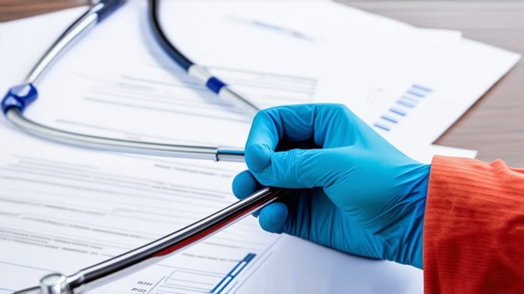  flu and health close up of a hand holding a stethoscope against a background of medical documents" style: subject, documentary parameters: 100 mm, f/2.8, 1/125 sec, iso 400 description: focus on the hand holding a stethoscope against a background of medical documents, highlighting the importance of medical monitoring and prevention for flu. ar 16:9 {prompt}, maximum details