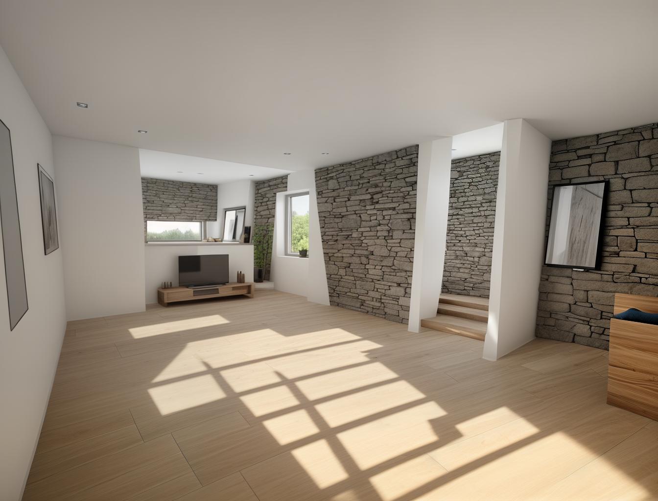  produce a photorealistic rendering of a modern interior with a stone wall as a focal point, complemented by wooden flooring and large windows. add a sleek, modern sofa and minimalist furniture that reflects a contemporary style, creating a space that feels both rustic and sophisticated.