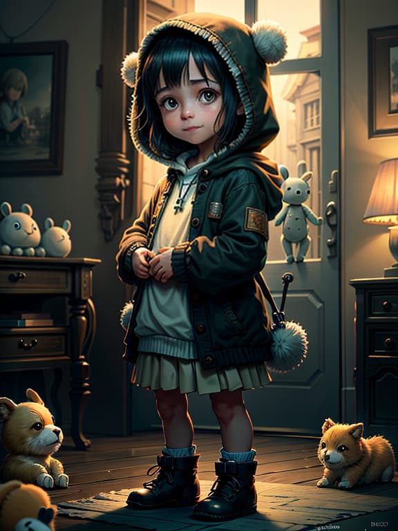  master piece, best quality, ultra detailed, highres, 4k.8k, A young , Standing with a shy smile, Innocent and curious, BREAK Innocent hood innocence, A cozy living room, Stuffed animals, picture books, and toys, BREAK Warm and welcoming, Soft lighting and gentle colors, cart00d