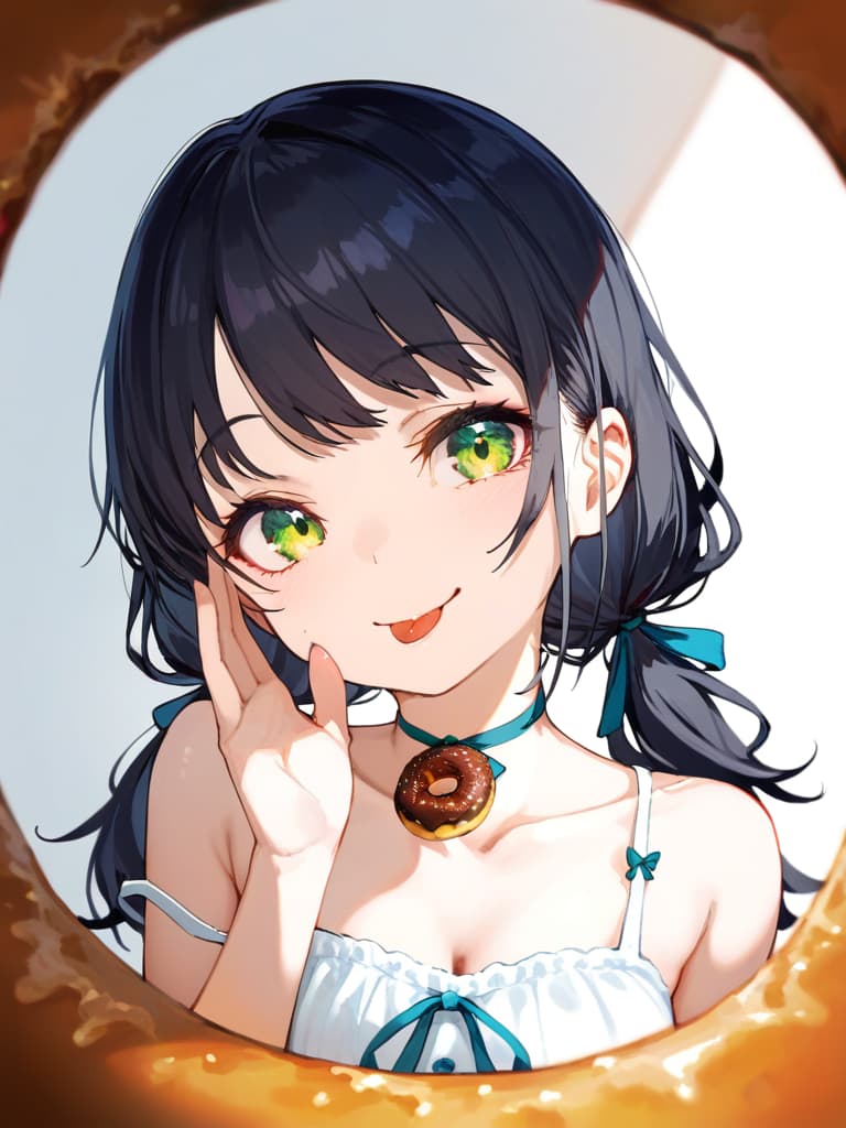  ultra detailed:1.2,masterpiece:1.2,best quality,masterpiece,bestquality,hdr:1.1,8k:1.1,very cute girl:1.3,(right hand up,holding middle size donut:1.4),(reaching right hand at viewer :1.4)((eye peeking through the middle size donut hole:1.8)),grin smile ,(close mouth:1.5),(tongue out:1.2),(frill sundress,ribbon strap:1.4),upper body:1.5,(face focus:1.4),(low twintail:1.5),(black hair:1.3),(white background color:1.4),ribbon choker:1.3,(head tilt:1.4),(looking at viewer:1.3)