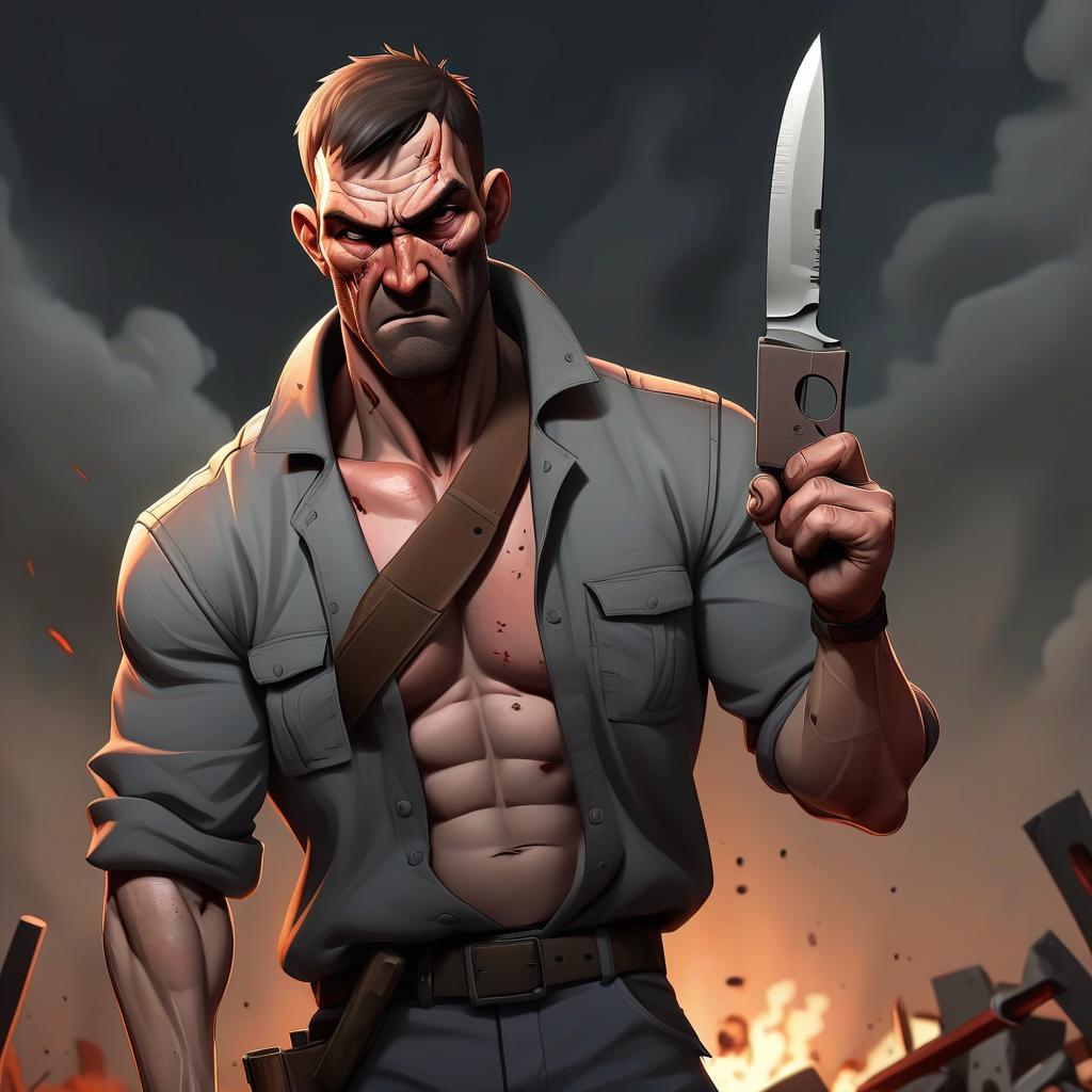  portrait, man, survivor, apocalypse, simple clothes, knife, cabar and gun, comic style