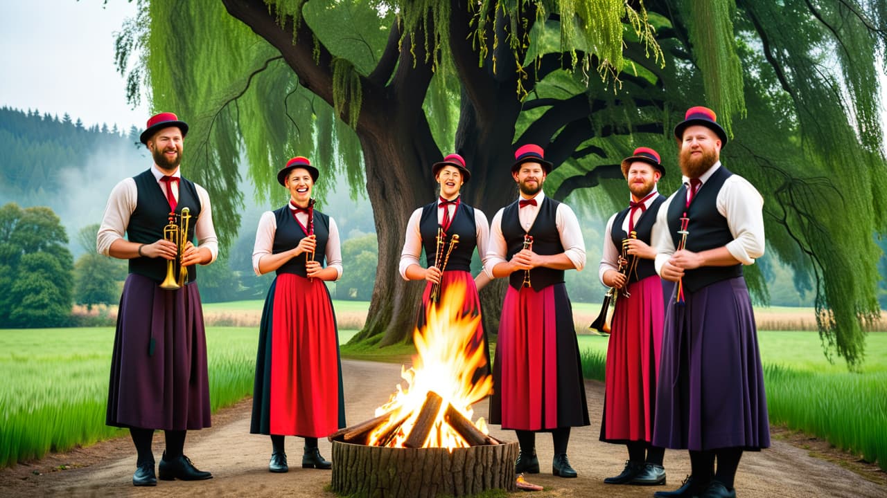  a vibrant scene depicting four distinct groups: a lively morris dance with bells and ribbons, a soulful solo singer by a roaring fire, a jolly pub gathering with instruments, and a serene countryside folk band under a willow tree. hyperrealistic, full body, detailed clothing, highly detailed, cinematic lighting, stunningly beautiful, intricate, sharp focus, f/1. 8, 85mm, (centered image composition), (professionally color graded), ((bright soft diffused light)), volumetric fog, trending on instagram, trending on tumblr, HDR 4K, 8K