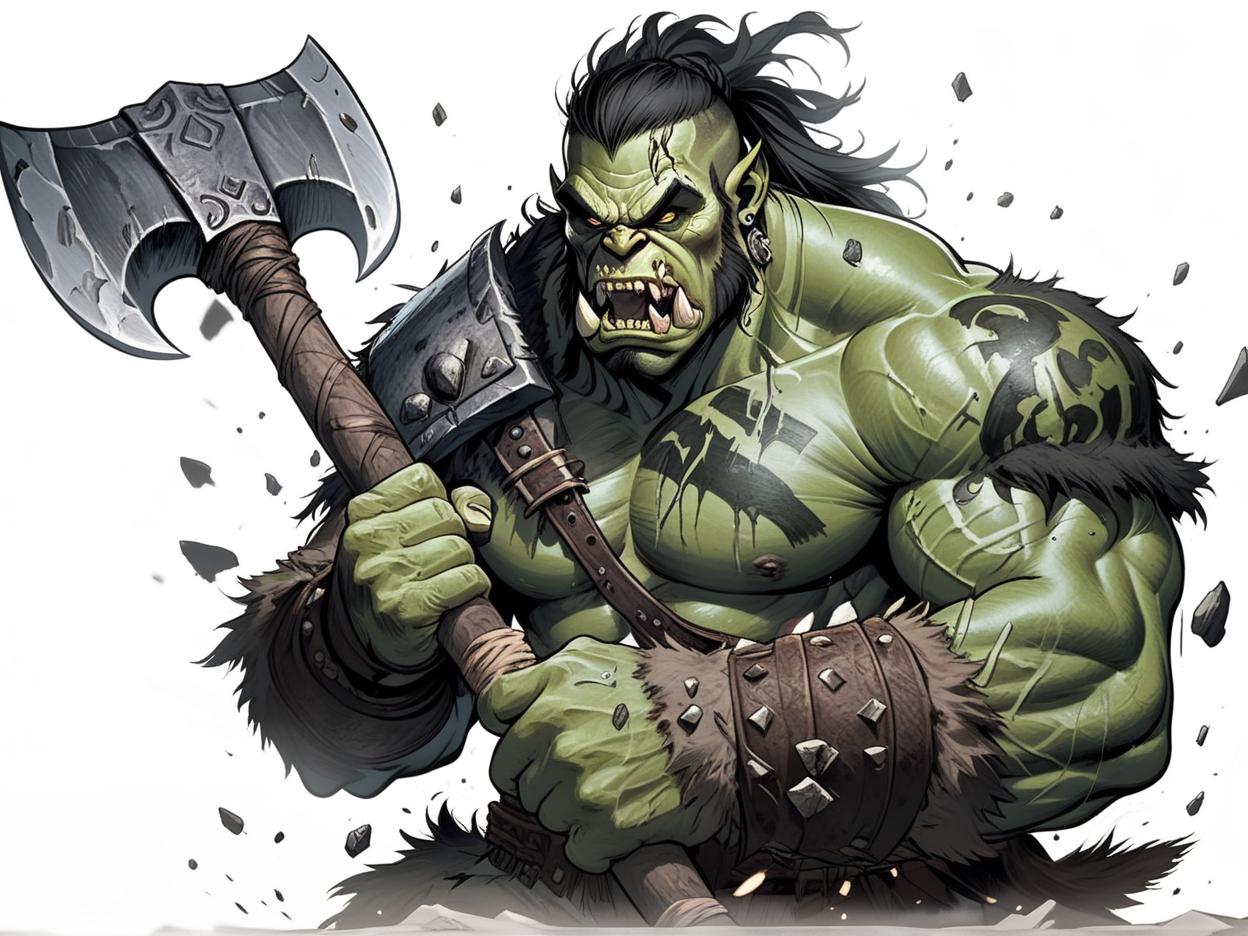  manga artwork a muscular green skinned battle scarred orc barbarian with is wielding a great axe; dark ambience. manga artist. manga, highly emotional. best quality, high resolution