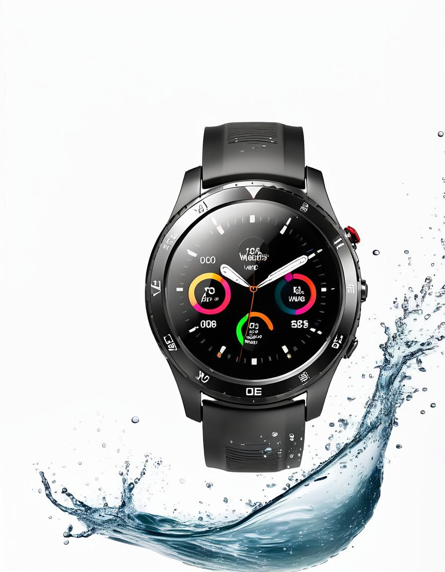  smart watch on a white background, around water splash, film photography style