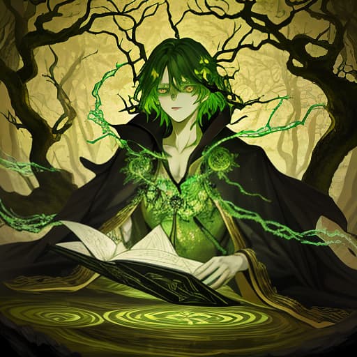  a green fire instead of a body with white eyes in a black and gold robe., overland fantasy woodland map, such as a map, a font that is modern and easy to read