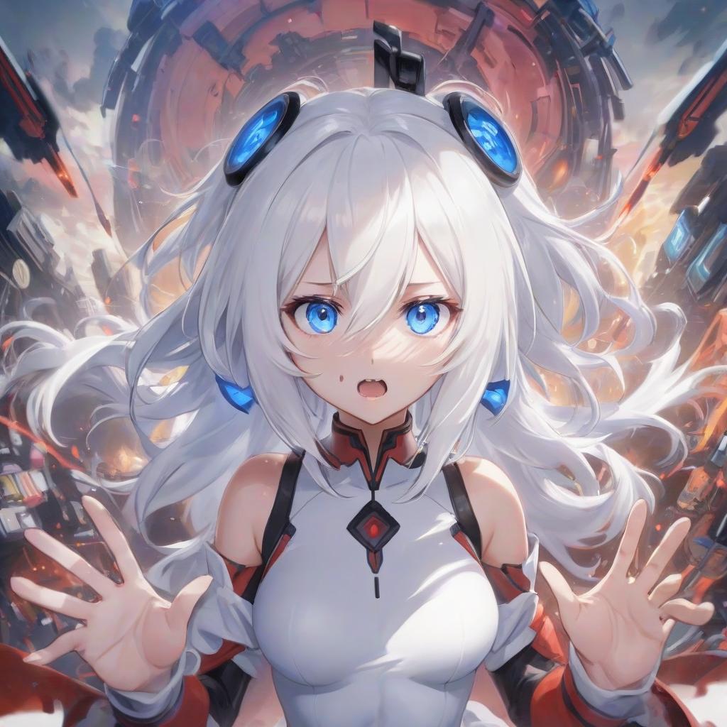  anime artwork girl with white hair and blue eyes sees yes/no system in front of her . anime style, key visual, vibrant, studio anime, highly detailed