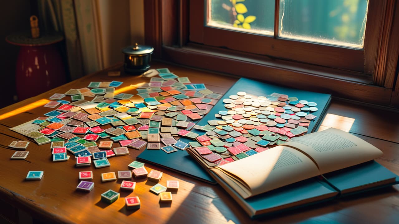  a weathered wooden table scattered with colorful, vintage stamps, a magnifying glass beside them, and a young person thoughtfully examining a stamp album, surrounded by a soft, warm light filtering through a nearby window. hyperrealistic, full body, detailed clothing, highly detailed, cinematic lighting, stunningly beautiful, intricate, sharp focus, f/1. 8, 85mm, (centered image composition), (professionally color graded), ((bright soft diffused light)), volumetric fog, trending on instagram, trending on tumblr, HDR 4K, 8K