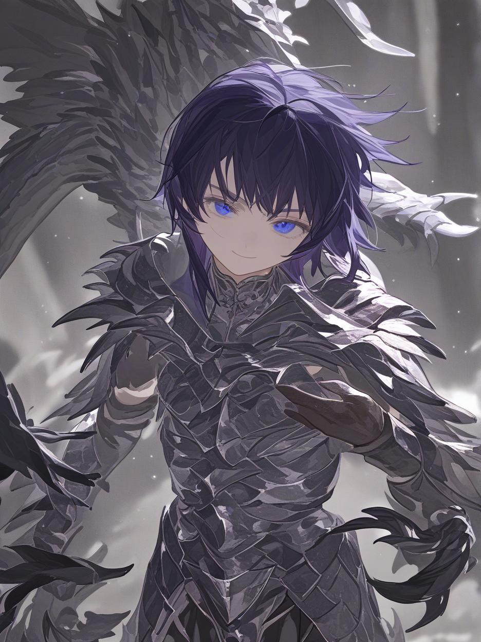  an anime photo of a half human, half dragon warrior, she has very dark purple hair, a pleasant smile, very beautiful blue eyes, a grayer skin, a light black knight's armor, broken black wings, and hands with dragon claws mixed with the armor, a long dragon tail, and other details of her dragon form mixed with her human appearance . best quality, high resolution