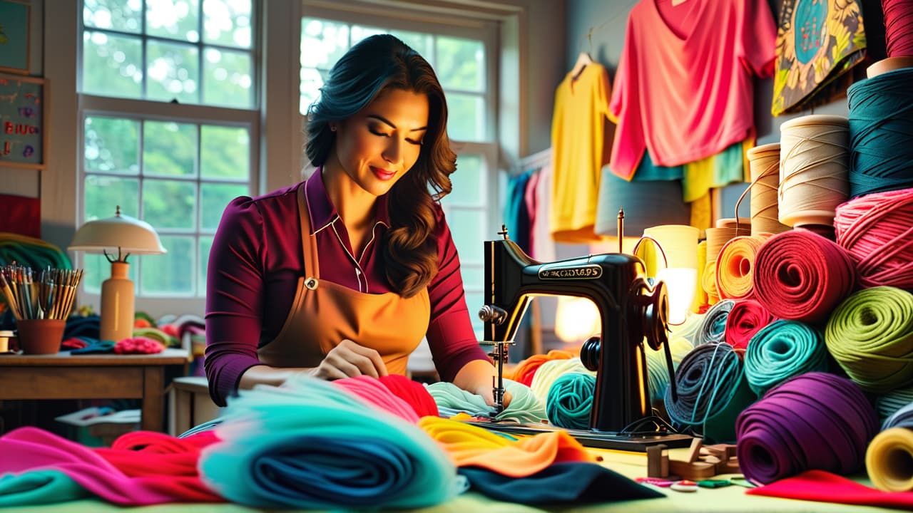  a vibrant workshop scene with an artisan sewing colorful, upcycled clothing items, surrounded by fabric scraps, vintage patterns, and sewing tools, showcasing creativity and sustainability in fashion. hyperrealistic, full body, detailed clothing, highly detailed, cinematic lighting, stunningly beautiful, intricate, sharp focus, f/1. 8, 85mm, (centered image composition), (professionally color graded), ((bright soft diffused light)), volumetric fog, trending on instagram, trending on tumblr, HDR 4K, 8K