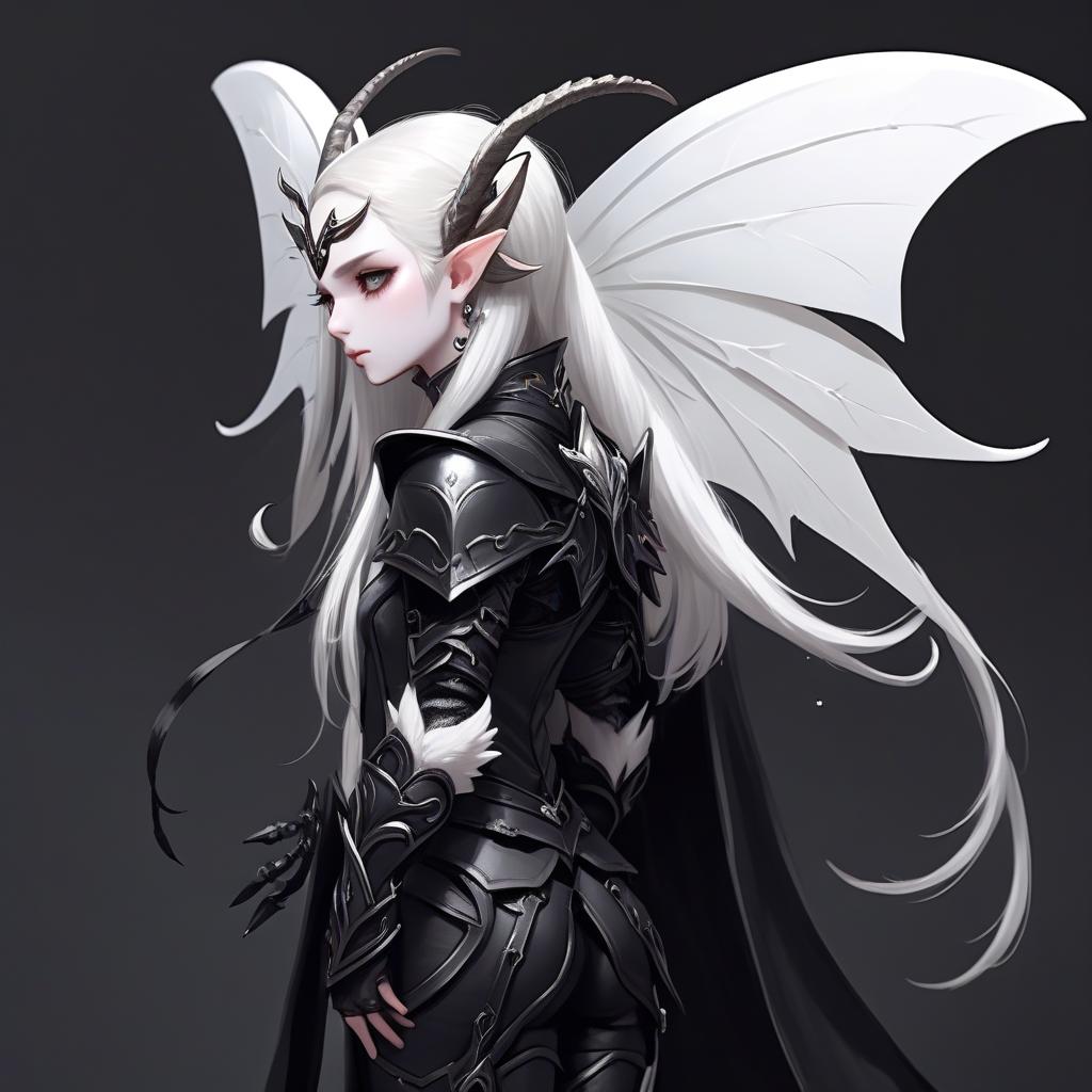  dnd, young , small black horns on the head, white skin, white hair, long hair in the tail, pointed elven ears, white wings of a moth from the back, black leather armor, pearl on the , hkmagic