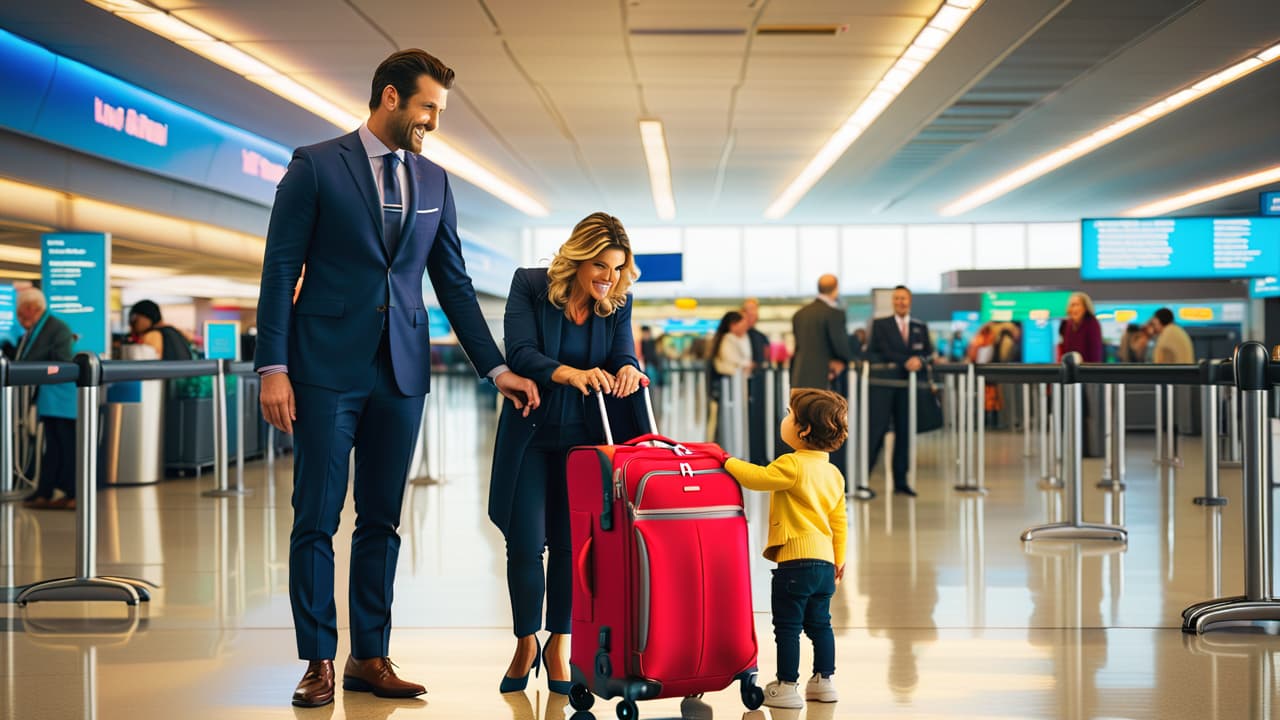  a family at an airport gate, a parent checking a stroller at the airline counter, colorful luggage in the background, and an inquisitive king from the stroller, all set under bright overhead lights. hyperrealistic, full body, detailed clothing, highly detailed, cinematic lighting, stunningly beautiful, intricate, sharp focus, f/1. 8, 85mm, (centered image composition), (professionally color graded), ((bright soft diffused light)), volumetric fog, trending on instagram, trending on tumblr, HDR 4K, 8K