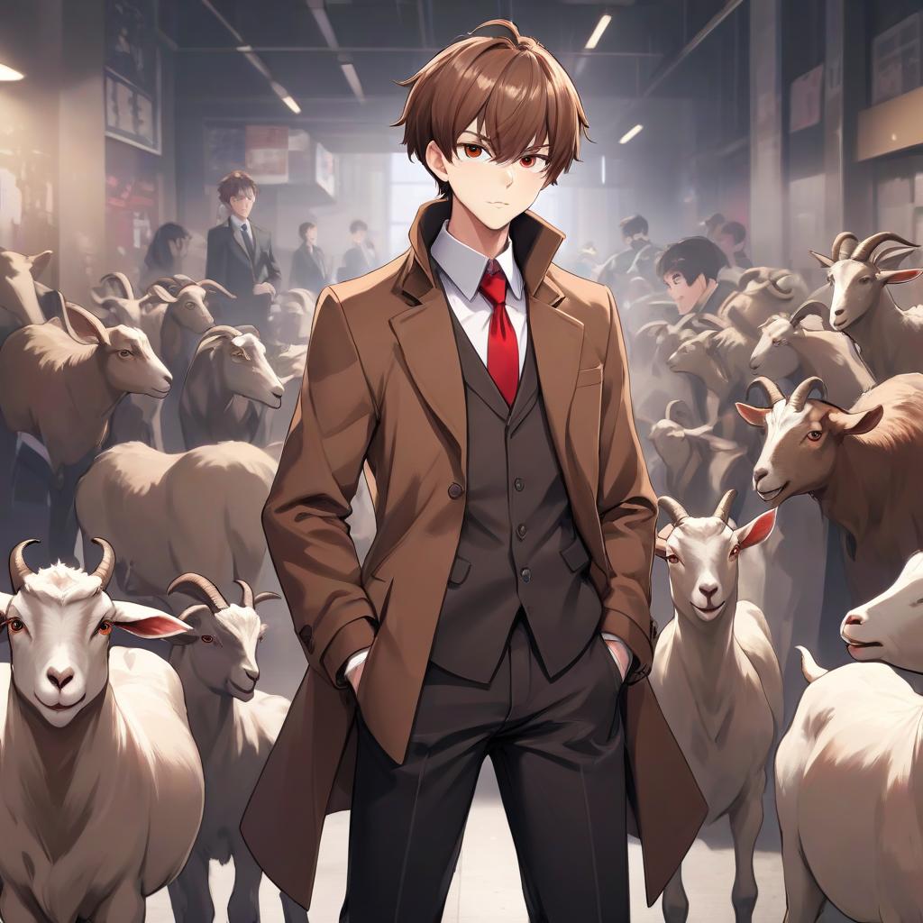  anime artwork guy with a short brown haircut and a goat beard on his chin in a brown coat in black trousers and a red tie . anime style, key visual, vibrant, studio anime, highly detailed