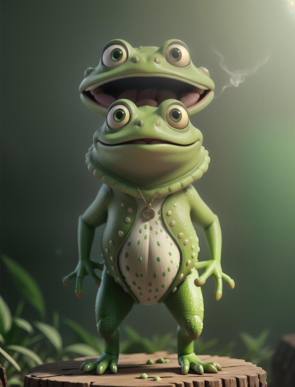  Frog smoking spliff hyperrealistic, full body, detailed clothing, highly detailed, cinematic lighting, stunningly beautiful, intricate, sharp focus, f/1. 8, 85mm, (centered image composition), (professionally color graded), ((bright soft diffused light)), volumetric fog, trending on instagram, trending on tumblr, HDR 4K, 8K