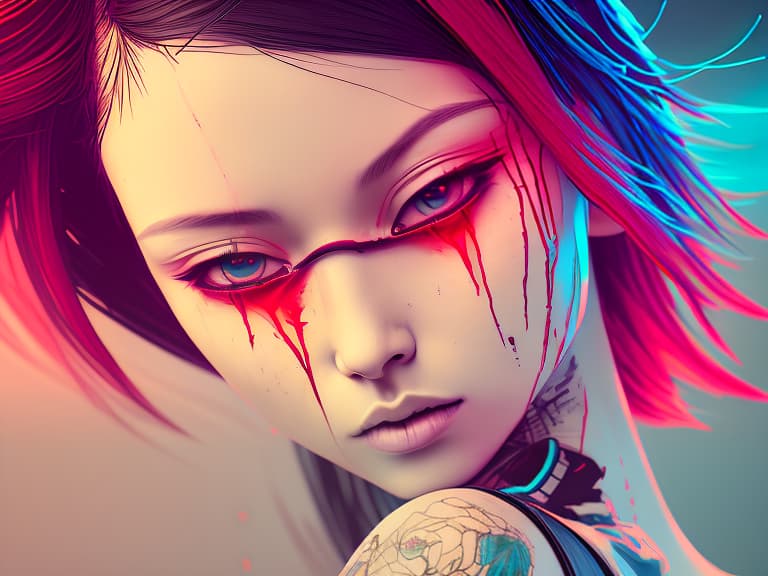 nvinkpunk a beautiful japanese girl with a white skin, dark blue hair, bloody eyes and tattoos all over her body lies in a red liquid in a cemetery, red sky fullmoon, (extremely detailed oil painting:1.2), glow effects, godrays, hand drawn, render, 8k, octane render, cinema 4d, blender, dark, atmospheric 4k ultra detailed, cinematic sensual, sharp focus, humorous illustration, big depth of field, masterpiece, colors, 3d octane render, 4k, concept art, trending on artstation, hyperrealistic, vivid colors, extremely detailed cg unity 8k wallpaper, trending on artstation, trending on cgsociety, intricate, high detail, dramatic