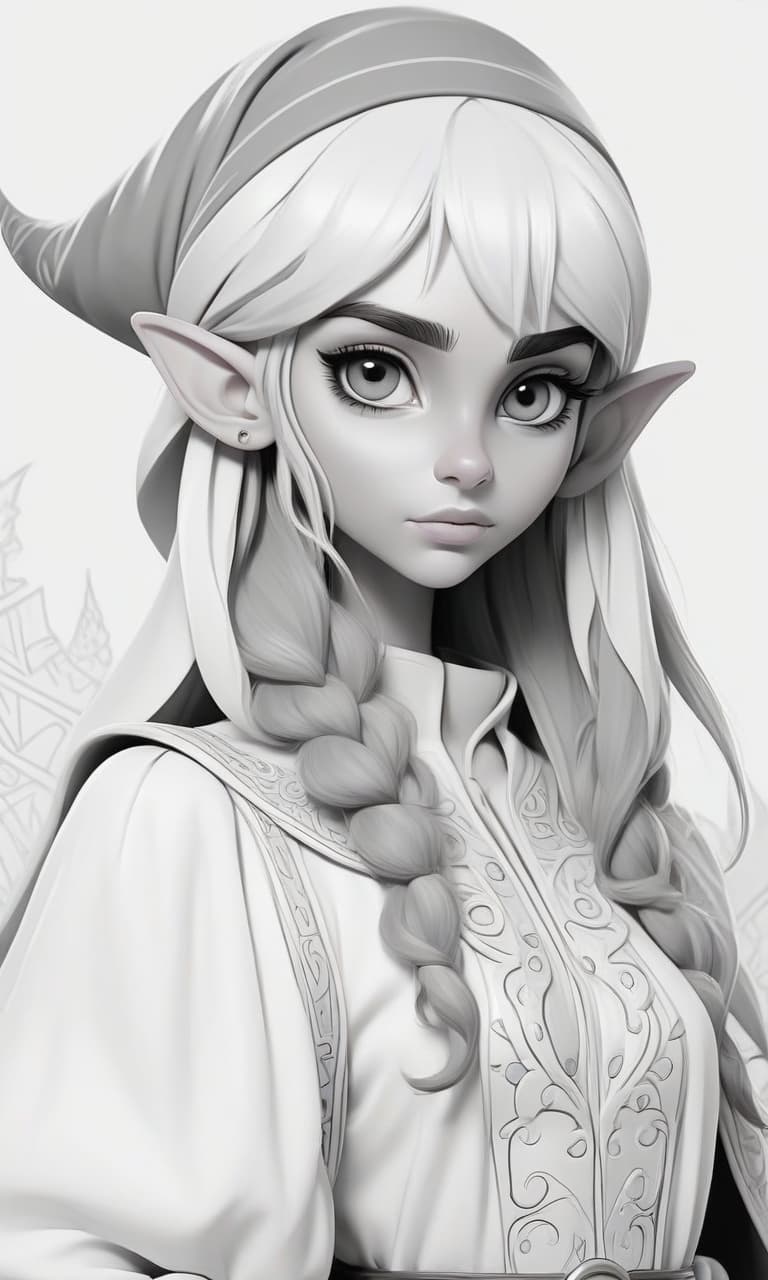  create a coloring book girl elf black and white fez background