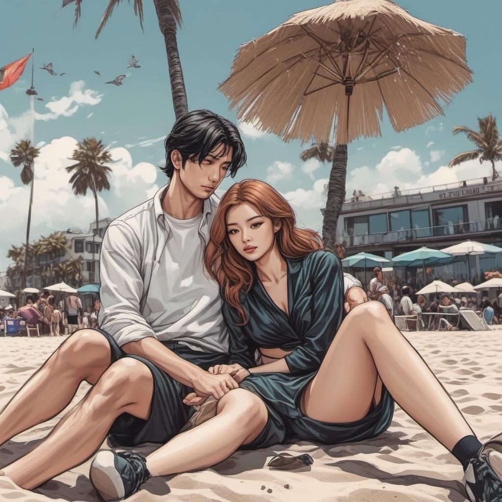  make a picture of a couple at venice beach laying down , comic style, manga and manhwa style, painting style