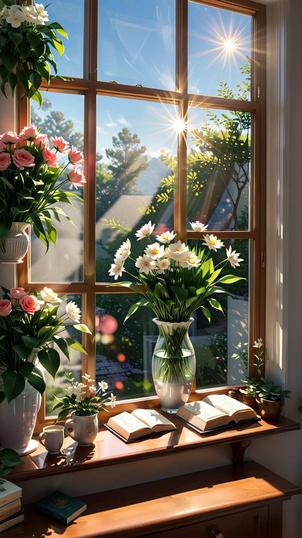  the image features a sunlit room with a beautiful arrangement of flowers placed in a clear vase. the vase is filled with various types of flowers, and it is positioned on a window sill. the room also contains several books, some of which are on the left side of the vase, while others are on the right side.additionally, there is a potted plant located near the window, and a cup can be seen on the right side of the room, near the edge of the window sill. the scene creates a sense of tranquility and warmth, enhanced by the sunlight streaming through the window., award winning, professional, highly detailed, masterpiece